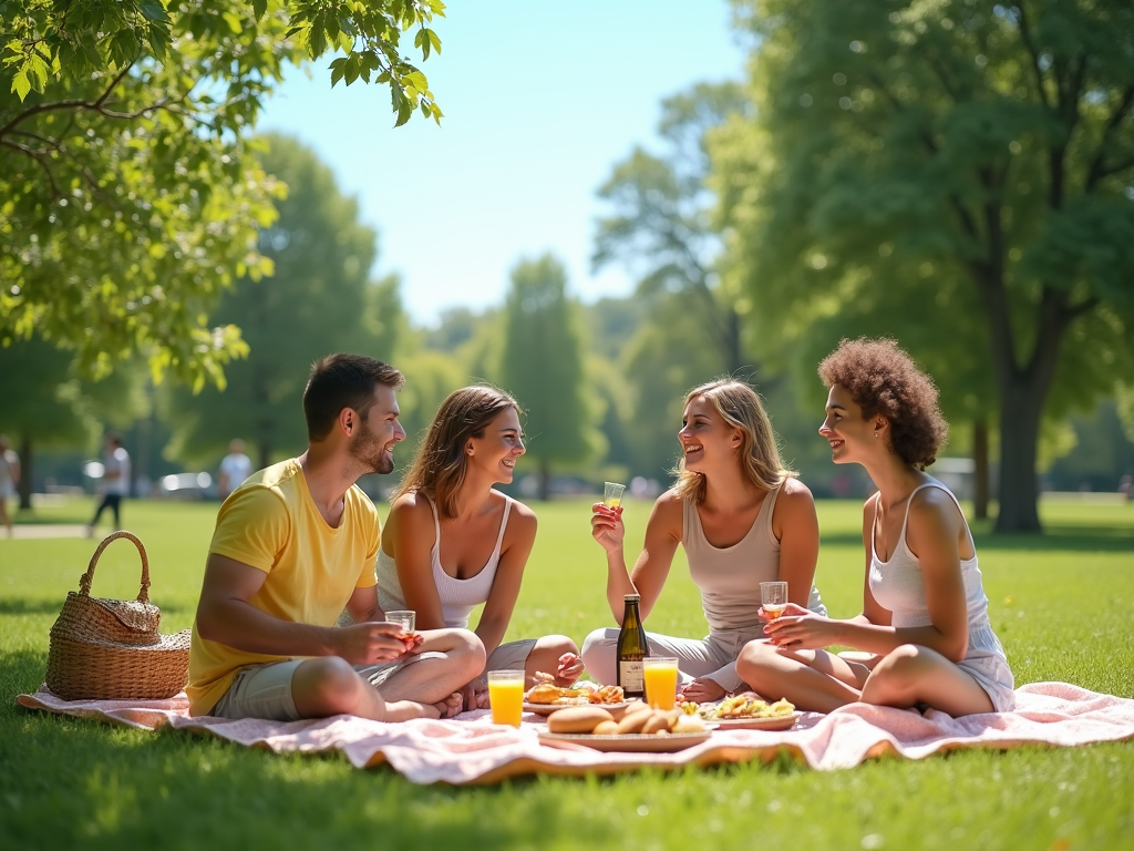 Cztery osoby piknikują na kocu w parku, rozmawiają i śmieją się, obok kosz piknikowy.