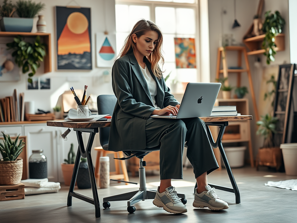 Młoda kobieta w eleganckim stroju siedzi przy biurku, pracując na laptopie w przytulnym, stylowym wnętrzu.